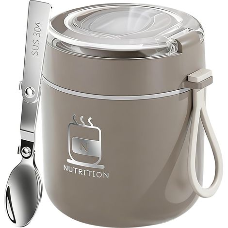 Bicchiere termico in acciaio inox da 500 ml per muesli, yogurt, porridge e altre bevande, con cucchiaio integrato. Ideale per la scuola, il lavoro e i viaggi (colore caffè). (1/5)