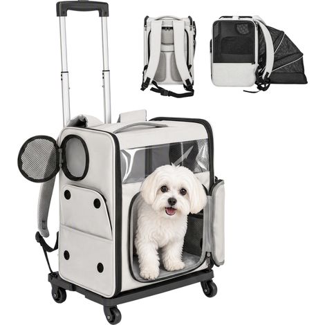 Sac de Transport pour Chat 2-en-1 à Roulettes Pliable Extensible Ventilé Soutien Lombaire Respirant 34x28x43cm Gris (1/5)