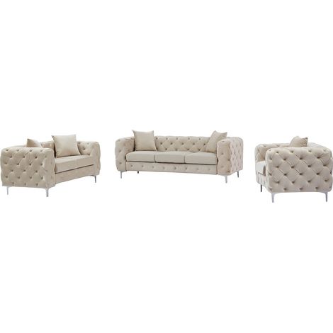 Divano 3 posti, 2 posti e poltrona Chesterfield in velluto Beige - EDWINA