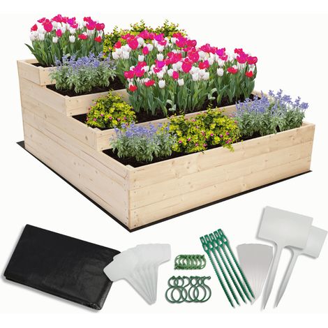 MODO24 Carré potager surélevé en bois, 4 niveaux en cascade, 54x117x120 cm, jardin/terrasse, kit jardinier inclus, naturel