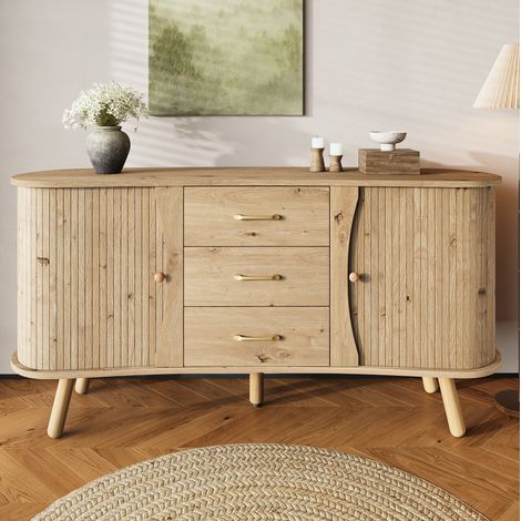 Sideboard 150x36.5x75 cm Natur MDF mit Rillenoptik, Schiebetüren, Schubladen und Massivholzbeinen (1/5)