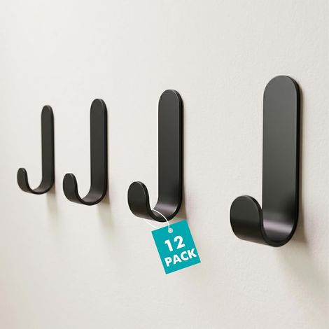 Lot de 12 Crochets Adhésifs Muraux - Patère Salle de Bain Noire en Métal sans Perçage - Accroche Serviette Mural Auto-Adhésif pour Cuisine et Chambre (1/5)
