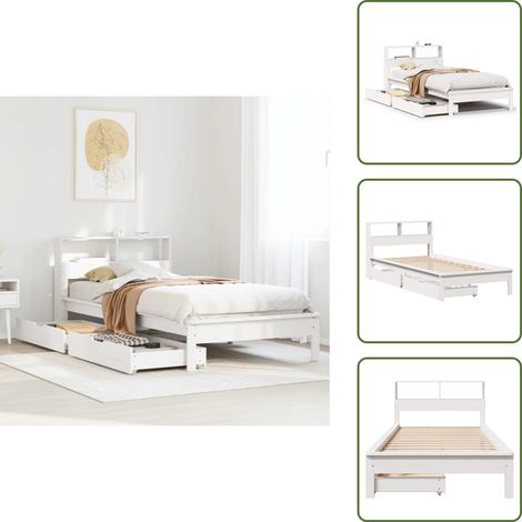 Cama de pino - vidaXL Cama con estantería sin colchón madera maciza blanco 90x200 cm - Cama con cajón