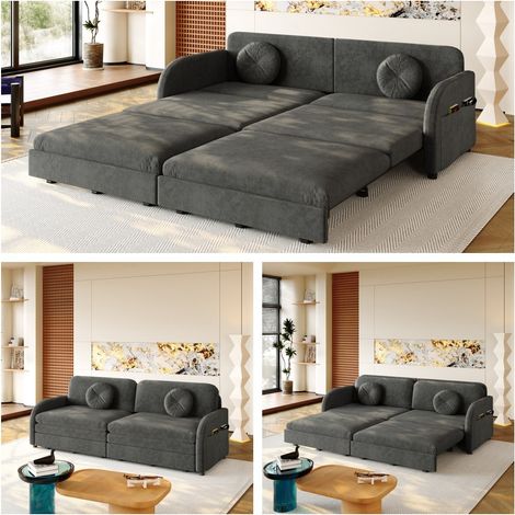 Canapé-lit 3 places 206x84x90 cm en chenille gris, 3-en-1 gain de place – MEUBLIV (1/5)