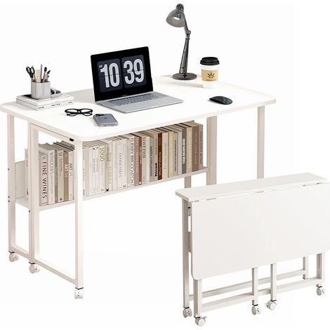 Sinbinta – Bureau pliant avec roulettes – Dimensions 80 x 58 x 75 cm – Panneau MDF E1 blanc – Rangement compact et déplacement facile (1/5)