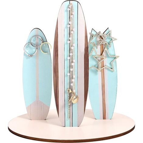 Présentoir à Bijoux en Forme de Planche Surf, Organisateur de Bijoux en Bois sur le Thème L'océan Décoration Noël Côtière pour les Surfeuses Hawaïennes (Bleu) (1/5)