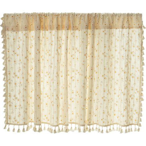 Rideaux en coton à motifs marguerites et pompons — Demi-rideaux courts pour baies vitrées (132 x 160 cm) (1/5)