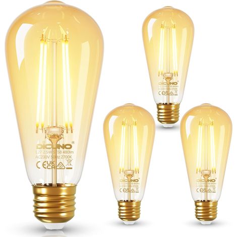 Ampoule LED E27 Classe B, 2.5W Équiv. 40W, 2700K, 480lm, Lot de 4  Blanc chaud, Ampoules à filament E27 ST58, Non-dimmable, Style vintage, pour suspension, applique murale et lampe de table (1/5)