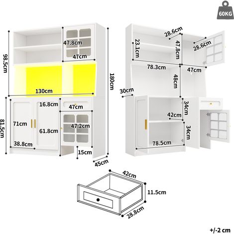 Meuble de cuisine haut (130 x 45 x 180 cm), buffet avec portes vitrées et éclairage LED, blanc, armoire de rangement élégante pour salle à manger. (1/5)