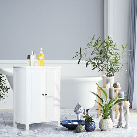 Meuble de salle de bain gain de place, meuble multifonctionnel avec 2 étagères, 2 portes, poignées en MDF, 60 x 30 x 80 cm, blanc (1/5)