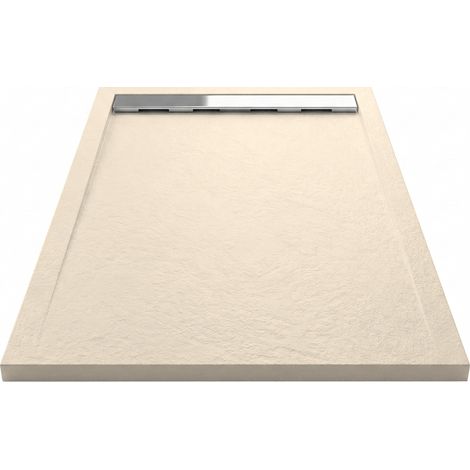 Mineralguss-Duschwanne extra flach RIBERA Schieferoptik BEIGE 90x130cm Ablaufschutz in Chrom Ablaufschutz in chrom