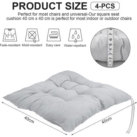 4er-Set Stuhlkissen, Stuhlauflagen, 40 x 40 cm, mit Bändern, für Esszimmer, Wohnzimmer, Innenbereich, Garten, Arbeitszimmer, Silbergrau