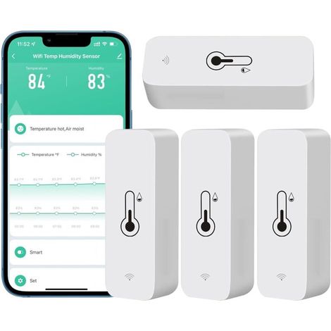 Set of 4 WiFi Hygrometers for Home, Indoor and Outdoor Use - Wireless Temperature and Humidity Sensor with Remote App Alert, Works with the Tuya App