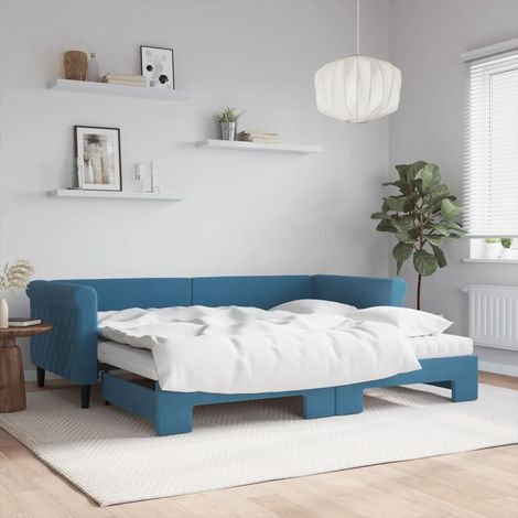 Lit Adulte,Lit de jour avec lit gigogne et matelas,Lit coulissant bleu 90x200 cm velours CIV708207 (1/5)