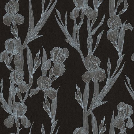Papiers peints modernes | Papier peint intissé élégant style floral | Tapisserie noir et grise idéale pour bureau et salle à manger - 10,05 x 0,53 m (1/5)