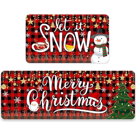 Tapis de Noël Motif Buffalo Rouge et Noir Set de 2 Antidérapant pour Cuisine Salle de Bain Porte Entrée (1/4)