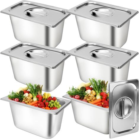 Lot de 6 Bacs GN 1/4 Inox avec Couvercles, Profondeur 150 mm  Bacs Gastronormes Empilables pour Chafing Dish, Buffet, Bain-Marie, Restaurant, Traiteur et Cantine (1/5)