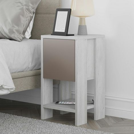 Petite table de chevet blanc gris 1 porte moka MARFA