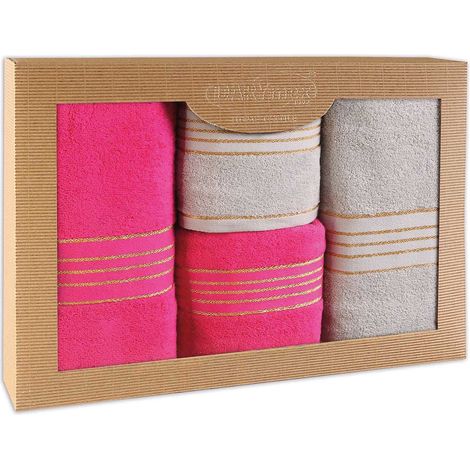 Juego de toallas de algodón, 4 piezas en una caja, 50x90 + 70x140, gris ceniza y fucsia. (1/5)