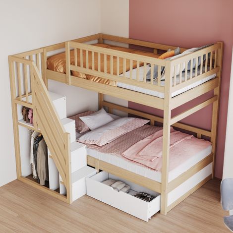 Letto a castello 90 x 200 cm con scala contenitore e cassetti, legno naturale HAVRYA (1/5)