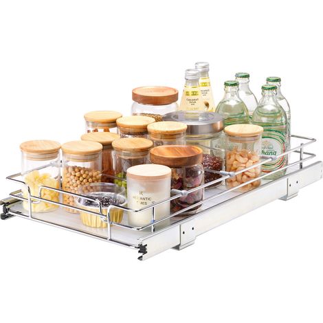 Rangement sous Évier 310x533x85 mm 1 Étage Panier Coulissant pour Placard en Acier Chromé Tiroir Coulissant Cuisine avec Tablette Charge 13 kg, Taille d'Installation du Placard 340x563x185 mm (1/5)