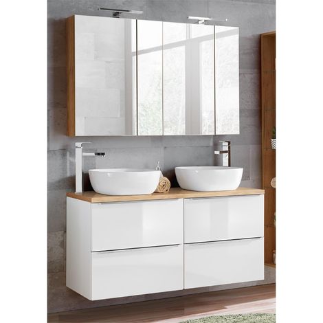Badezimmer Set Hochglanz weiß & Wotaneiche TOSKANA-56 121cm Waschtisch inkl. 2 Aufsatzwaschbecken, LED-Spiegelschränke B/H/T ca.: 121/200/46cm (1/5)