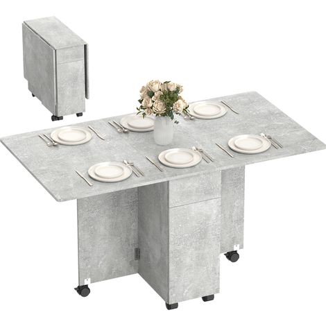 Table de salle à manger pliante sur roulettes avec 2 tiroirs, 2 portes et un placard, en bois, 140 x 76 x 74 cm, gris ciment
