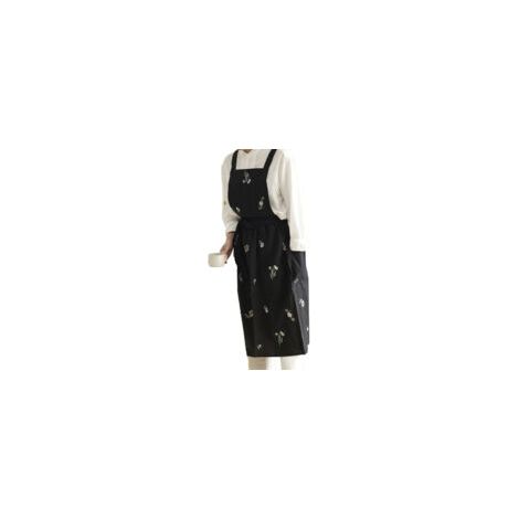 Tablier imperméable en coton et lin – Noir – Brodé – Style japonais, pour pâtisserie et café (1/5)