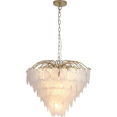Searchlight Feather Suspension à 6 lumières, laiton poli, verre dépoli, 6 ampoules E14 (1/5)