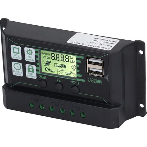 Régulateur de charge solaire PWM avec écran LCD pour batteries AGM/GEL ouvertes 12 V/24 V, 100 A, 2 ports USB, contrôle de panneaux photovoltaïques (1/5)