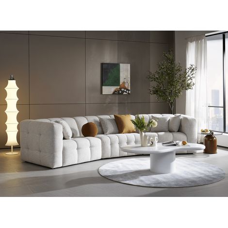 Deco In Paris – Canapé droit 5 places en velours texturé beige – Accoudoirs moelleux – Assise rembourrée – Design sobre et raffiné