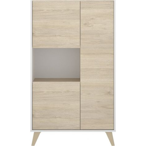 Abitare – Buffet 135 cm blanc mat et chêne naturel – 3 portes et tiroir – Panneaux de particules stratifiés – Pour salon ou salle à manger