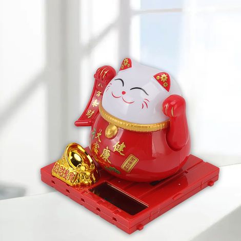 Petite décoration solaire chat porte-bonheur rouge et dodu, idéale pour la maison, le bureau, la voiture ou comme cadeau. (1/5)