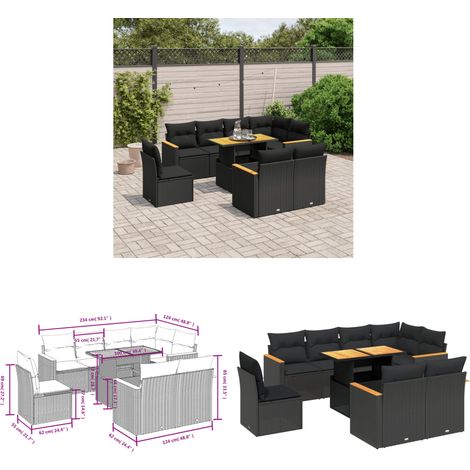 Salon de jardin 9 pcs avec coussins noir résine tressée - Ensemble Salon De Jardin - Meuble Extérieur - Résine Tressée - Rotin Synthétique - Table Extensible - Home & Living (1/3)
