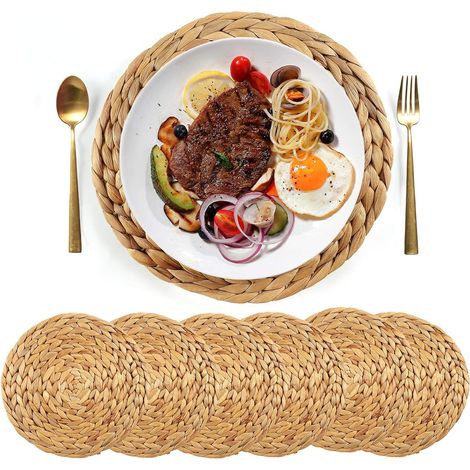 SUEH DESIGN Lot de 6 sets de table ronds de 30 cm en jacinthe d'eau, sets de table artisanaux de haute qualité, résistants à la chaleur, sets de table tissés, sets de table en paille, dessous de verre (1/5)