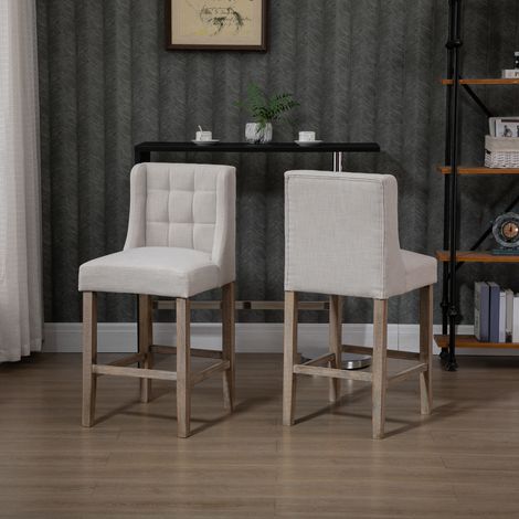 Set di 2 sgabelli da bar con bottoni decorativi, in legno massello, con poggiapiedi incluso, 47 cm x 50 cm x 101 cm, grigio + naturale (1/5)