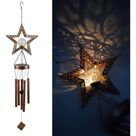 Carillon éolien solaire avec lumières LED en forme d'étoiles - Lampe carillon éolien en métal étanche pour terrasse, jardin et pelouse-AquaForge