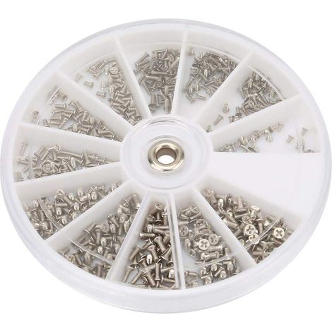 Set di 600 viti a testa piatta in acciaio inox, misure M1.0, M1.2, M1.4 e M1.6, per occhiali, in confezione rotonda.