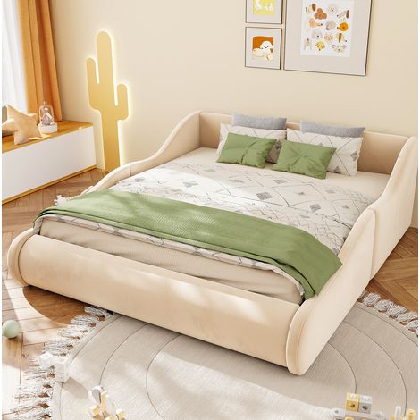 Letto a castello 140/200 cm beige imbottito con testiera alta, sponde protettive e struttura morbida (1/5)