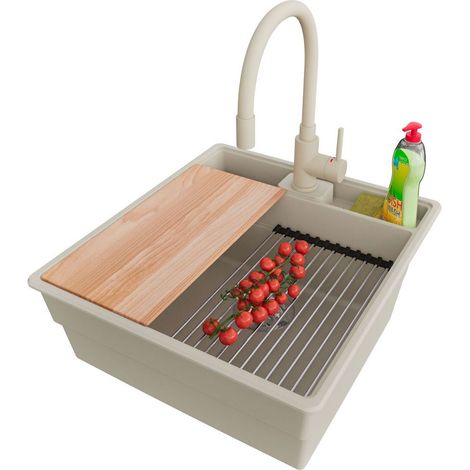 PRIMAGRAN Evier Cuisine en Granit 48x53cm,Lavabo 1 bac + Robinet 38x14cm + Kit de Vidage + Accessoires, Évier à Encastrer au meuble 50cm - New York, Beige (1/5)