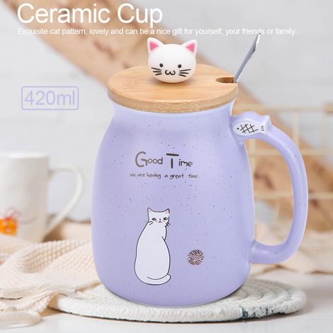 Mug en céramique avec cuillère et couvercle, motif chat adorable - Violet (1/5)
