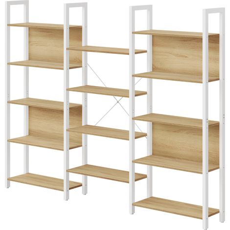 Étagère de Rangement Modulable, Bibliothèque Industrielle à 14 Niveaux, Métal, Bureau Salon, Blanc et Chêne