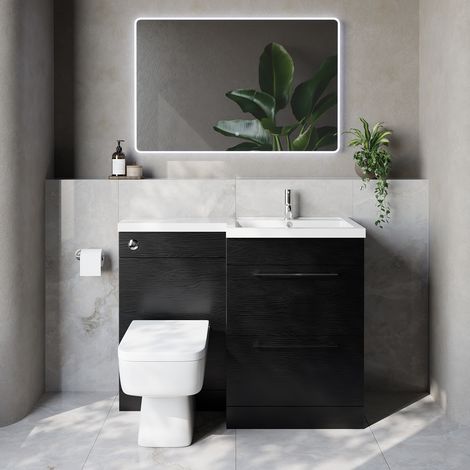 Napoli 460 Nero Oak 1100mm 2 Drawer Vanity Unit Toilet Suite with Right Hand Square Lucia Basin - 1100mm - Chrome 320mm HandleWith Kingston Toilet Pan and Seat