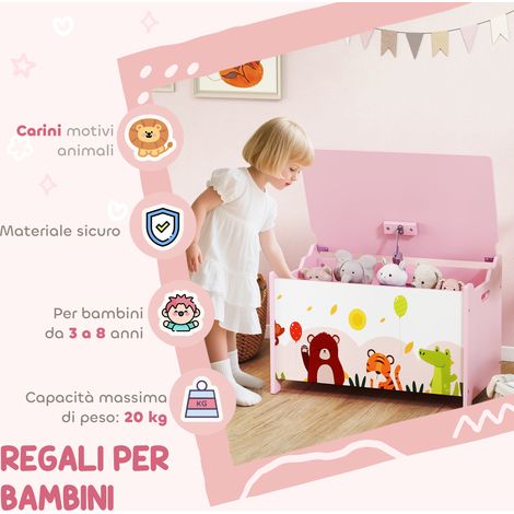 Baule pour enfants rose en bois avec fermeture à glissière sécurisée, motifs animaux, dimensions 60x37x39 cm (1/5)