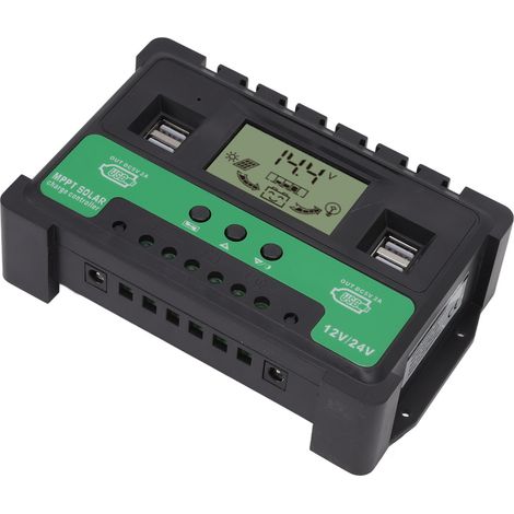 Contrôleur solaire 12V/24V avec charge/décharge, régulateur photovoltaïque, écran LCD, double sortie USB, 40A (1/5)