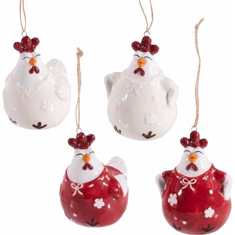 Poules de Pâques décoratives en céramique brillante colorée à suspendre, lot de 8, 6 x 6 x H. 7,5 cm