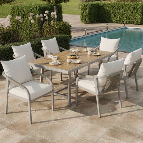 Salon de jardin 6 places, 1 table et 6 chaises, structure en tubes d'acier galvanisé, plateau en imitation bois, kaki et beige (1/5)