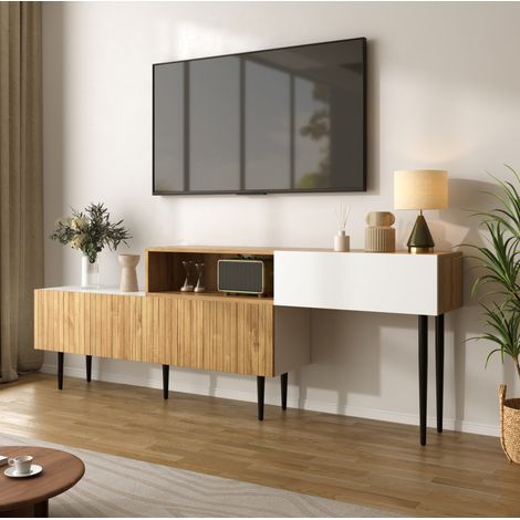 Meuble TV modulaire 240x30x63,5 cm blanc et bois en MDF et panneau de particules avec pieds métalliques et rangement (1/5)
