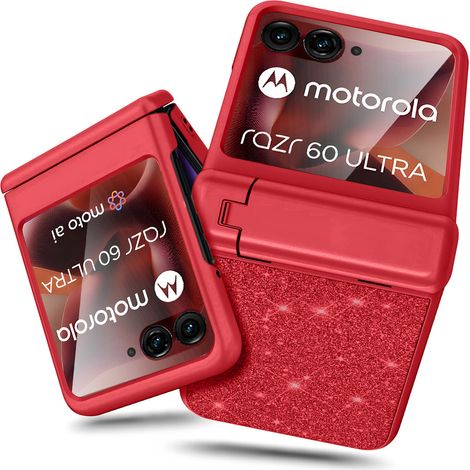 Motorola Razr 70 Ultra / 60 Ultra - Custodia in PC glitterata con vetro e supporto - Rossa (1/5)