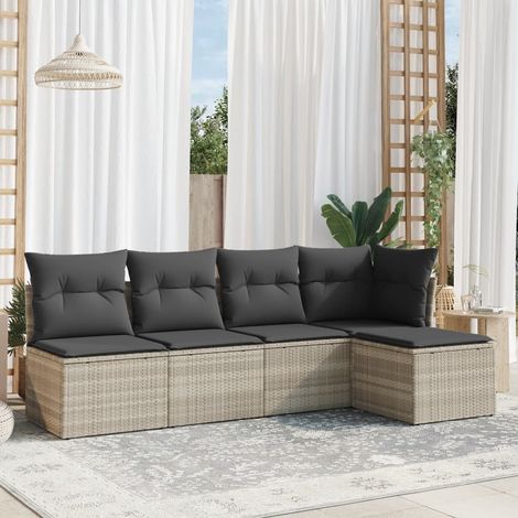 5-tlg. Garten-Sofagarnitur mit Kissen Hellgrau Poly Rattan (1/3)